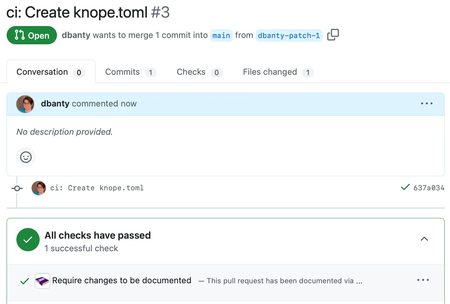 The pull request for adding knope.toml passes all checks